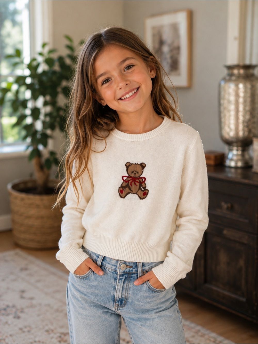 Abercrombie kids Girls coquette teddy Bear bow Crewneck Knit Sweater preppy 12